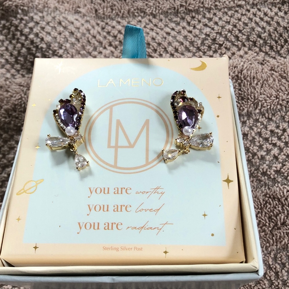 Purple Crystal Teardrop Stud Earrings - Gold Tone